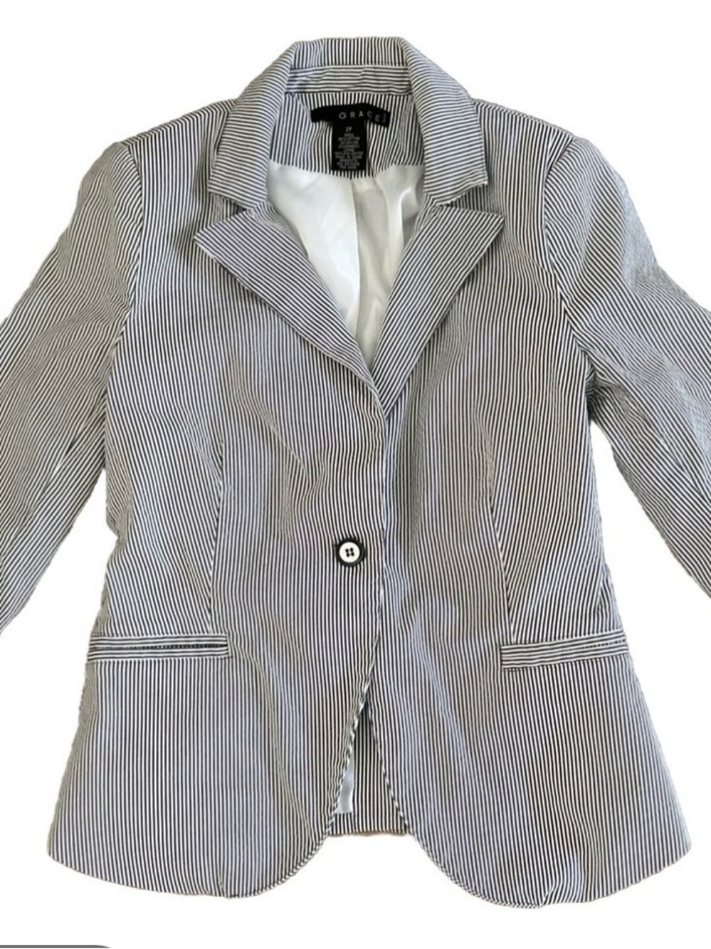 Grace-Stylish Navy & White Pinstriped Cropped Blazer NWT